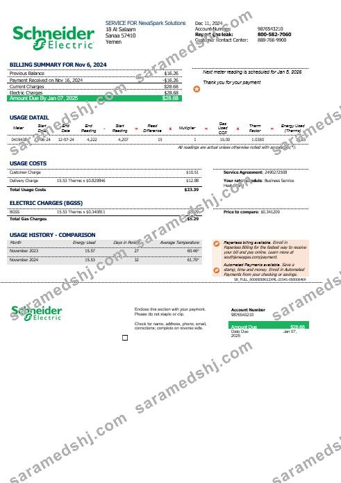 Yemen Schneider Electric business utility bill template in Word and PDF formats